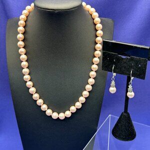 Pale Pink Hand-Knotted Faux Pearl Choker Sterling Necklace & Earrings